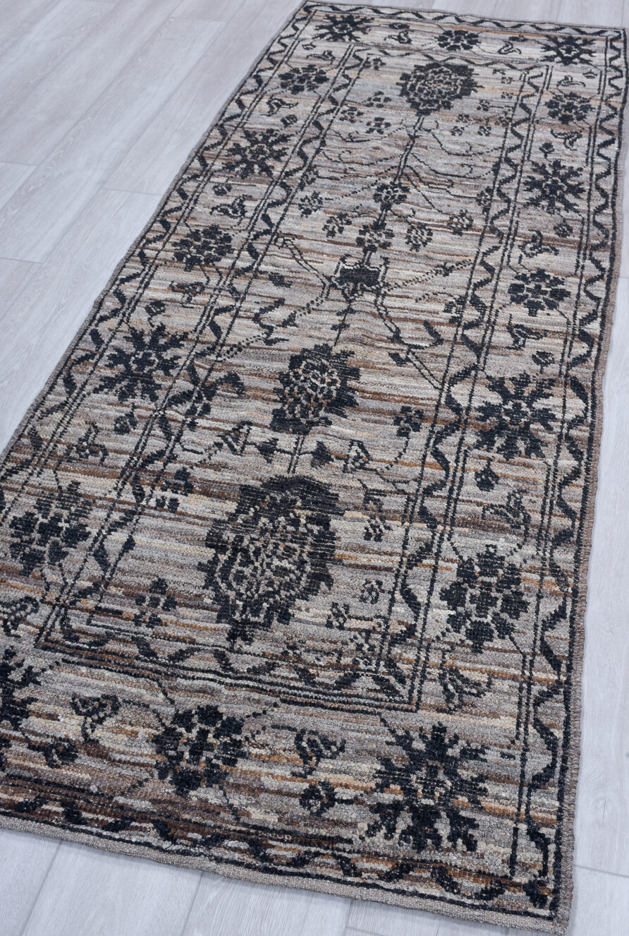 3' x 8' one-of-a-kind handmade vintage Tulu runner rug. Color palette: black, blue, brown, charcoal, gainsboro, gray
