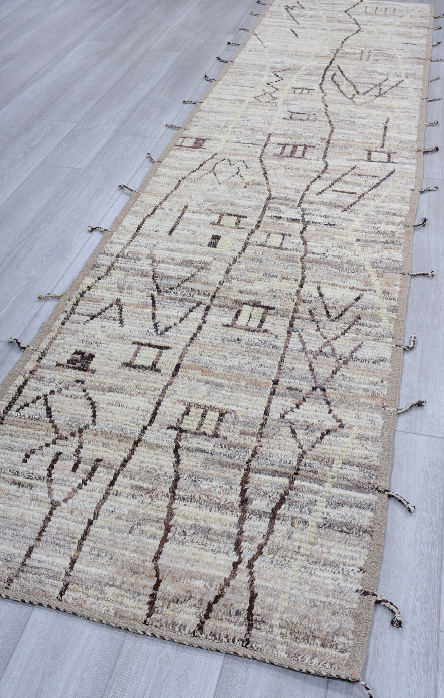 3' x 12' one-of-a-kind handmade vintage Tulu runner rug. Color palette: black, blue, dark gray, dim gray, gainsboro, gray