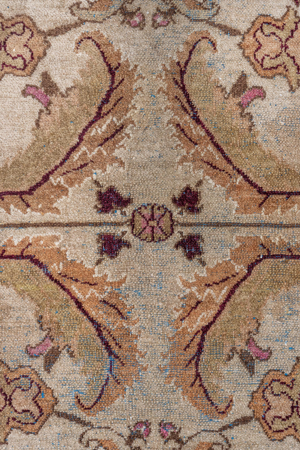 6' x 12' one-of-a-kind handmade vintage Agra large size rug. Color palette: brown, gray, light gray, off-white, pink, red
