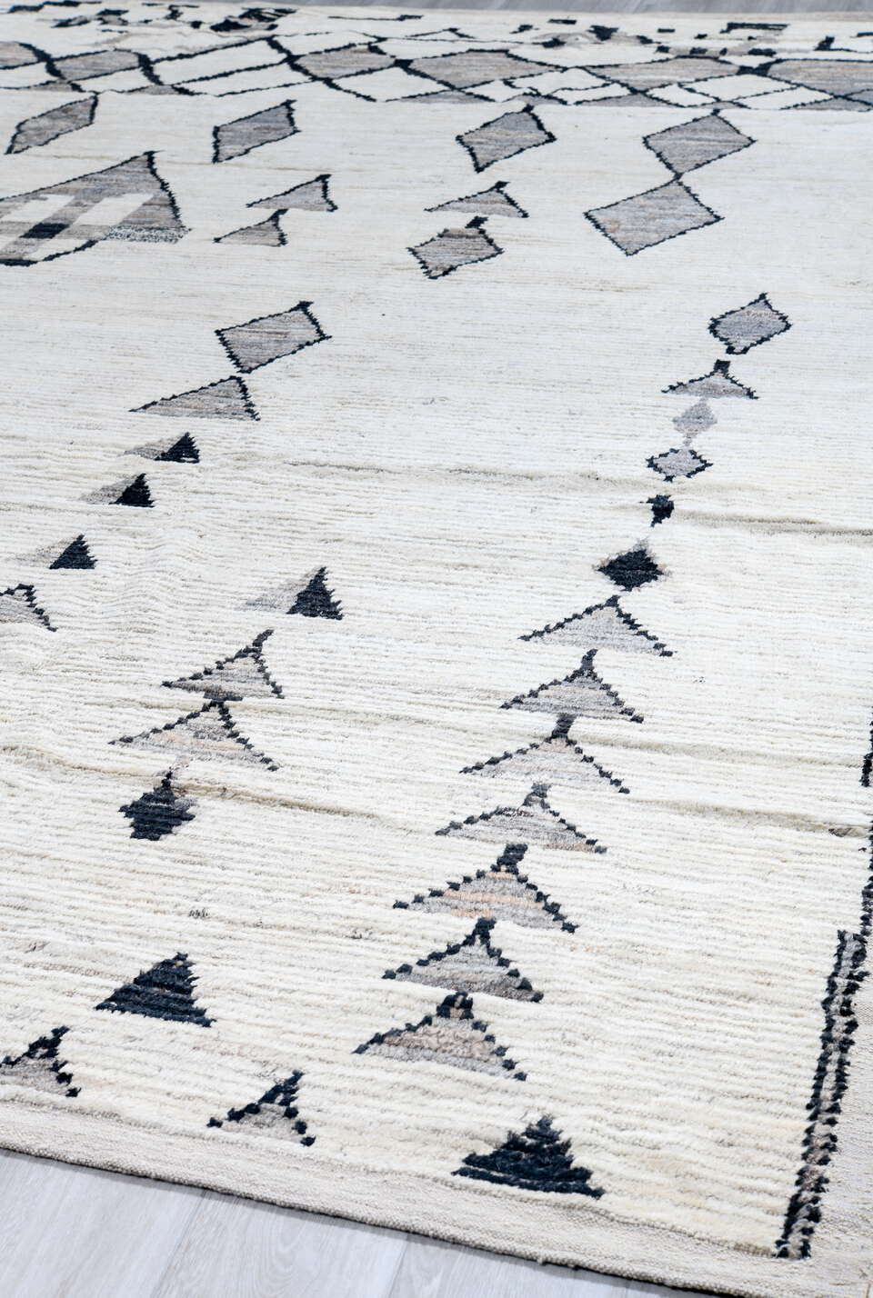 12' x 14' one-of-a-kind handmade vintage Tulu oversize rug. Color palette: alice blue, azure, black, blue, dark gray