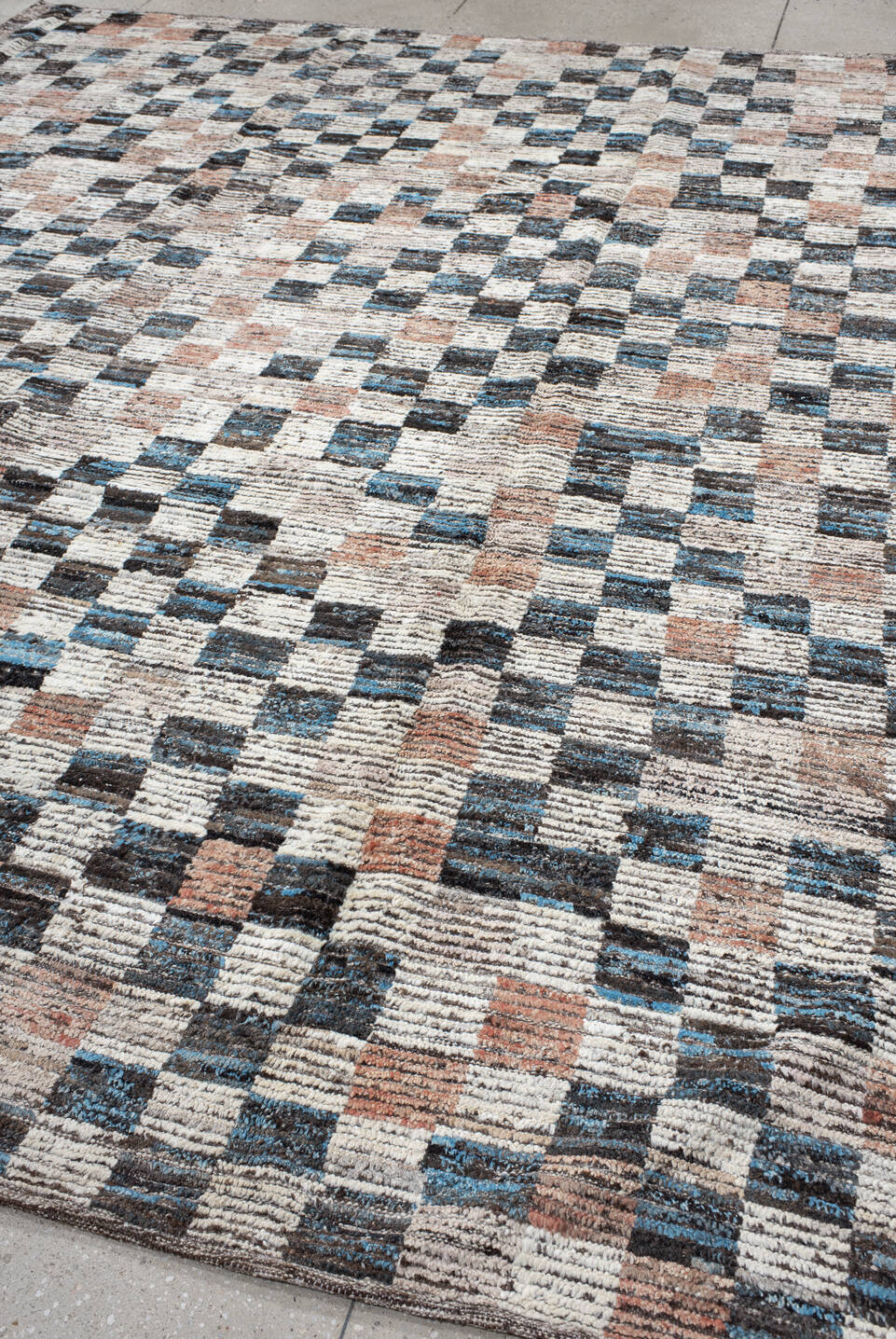 9' x 11' one-of-a-kind handmade vintage Tulu large size rug. Color palette: black, blue, brown, dark gray, dim gray