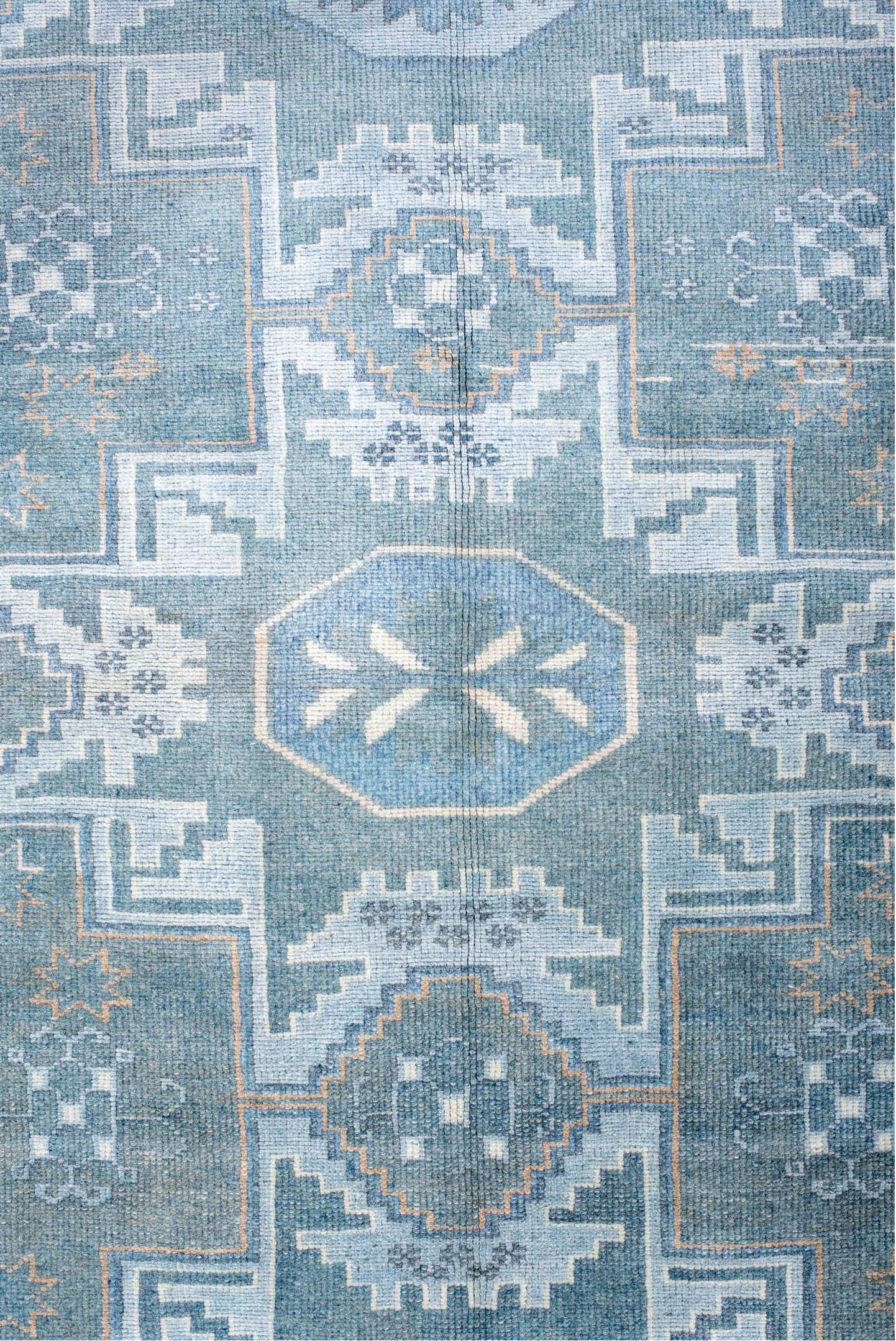3' x 6' one-of-a-kind handmade vintage Anatol small size rug. Color palette: blue, gainsboro, gray, light blue, light gray