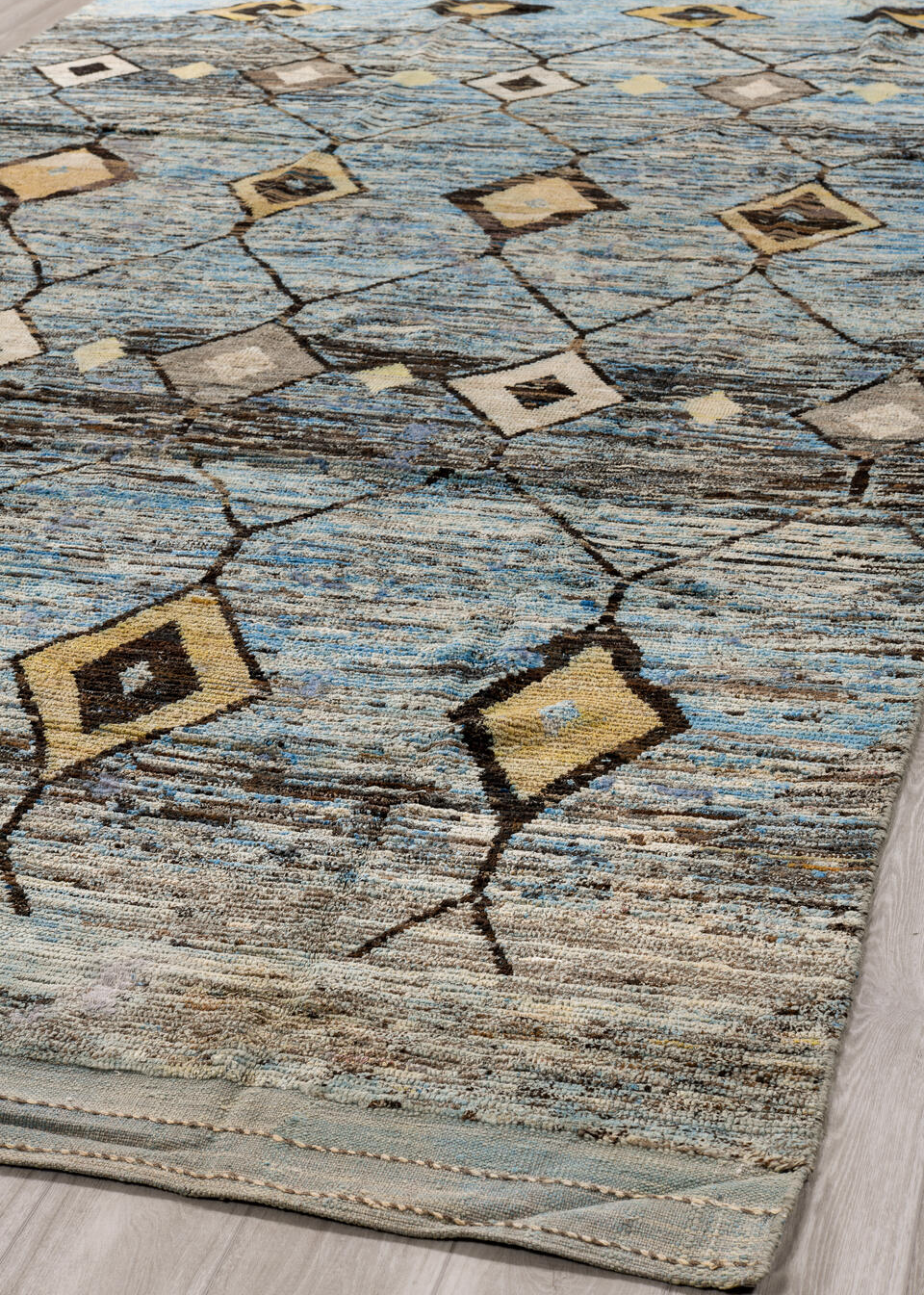 7' x 14' one-of-a-kind handmade vintage Tulu large size rug. Color palette: black, blue, brown, dark gray, gray, light gray