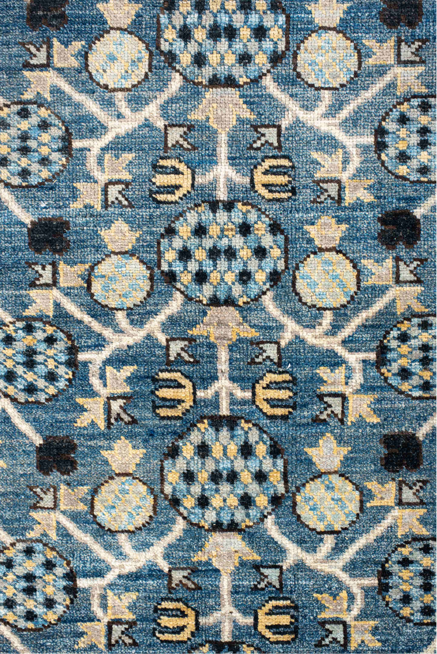 10' x 13' one-of-a-kind handmade vintage Tulu large size rug. Color palette: black, blue, brown, charcoal, dark gray