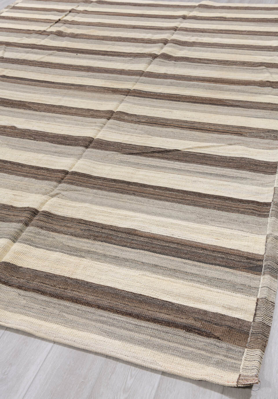 9' x 11' one-of-a-kind handmade vintage Kilim large size rug. Color palette: black, brown, charcoal, gainsboro, gray