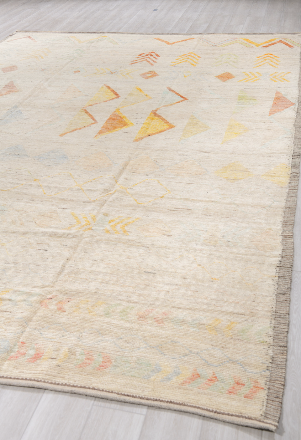 10' x 14' one-of-a-kind handmade vintage Tulu large size rug. Color palette: antiquewhite, brown, gainsboro, gray