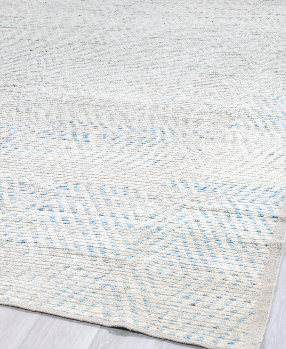 13' x 16' one-of-a-kind handmade vintage Tulu oversize rug. Color palette: alice blue, azure, black, blue, charcoal