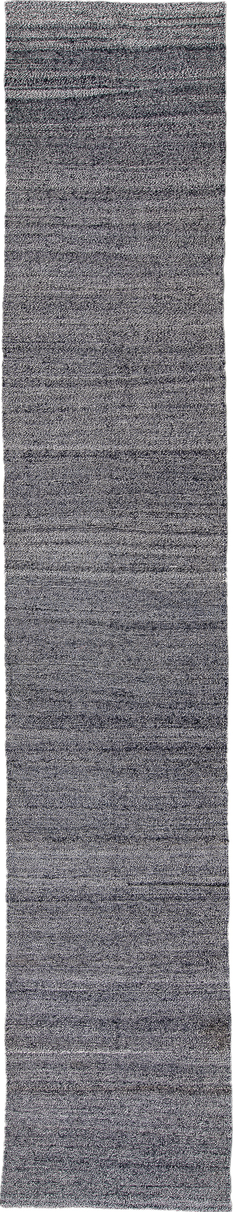 2' x 15' one-of-a-kind handmade vintage Kilim runner rug. Color palette: black, blue, dark gray, dim gray, gray, light blue