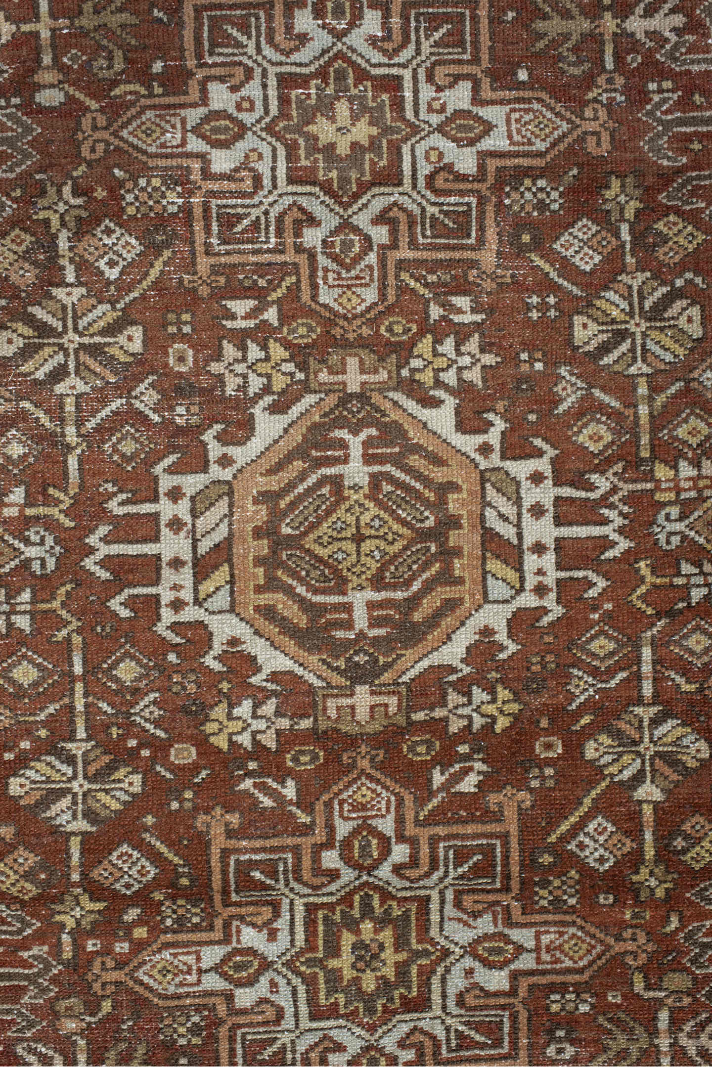7' x 9' one-of-a-kind handmade vintage Karaje rug. Color palette: brown, gray, light gray, off-white