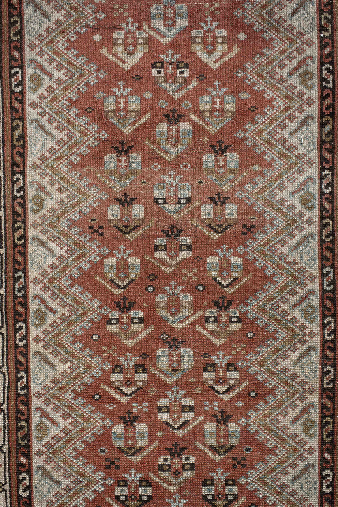 2' x 10' one-of-a-kind handmade vintage Malayer runner rug. Color palette: black, brown, gray