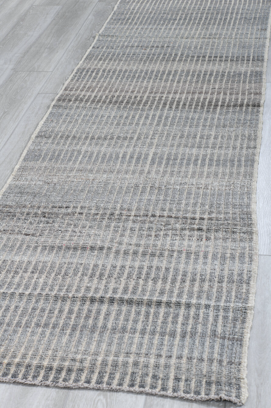 2' x 9' one-of-a-kind handmade vintage Tulu runner rug. Color palette: dark gray, dim gray, gainsboro, gray, light blue
