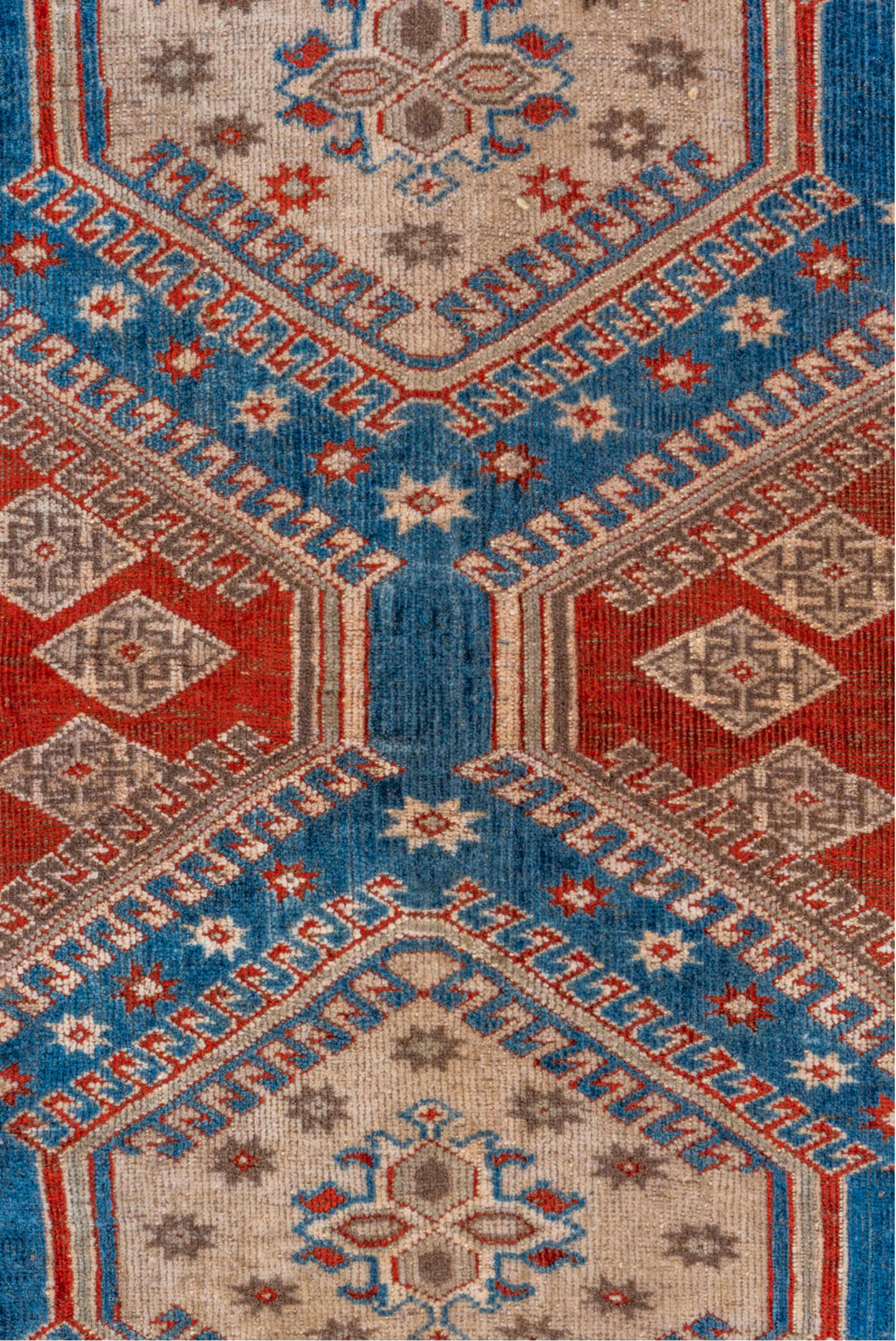 7' x 10' one-of-a-kind handmade vintage Shiraz large size rug. Color palette: blue, brown, gray, light gray, off-white, pink