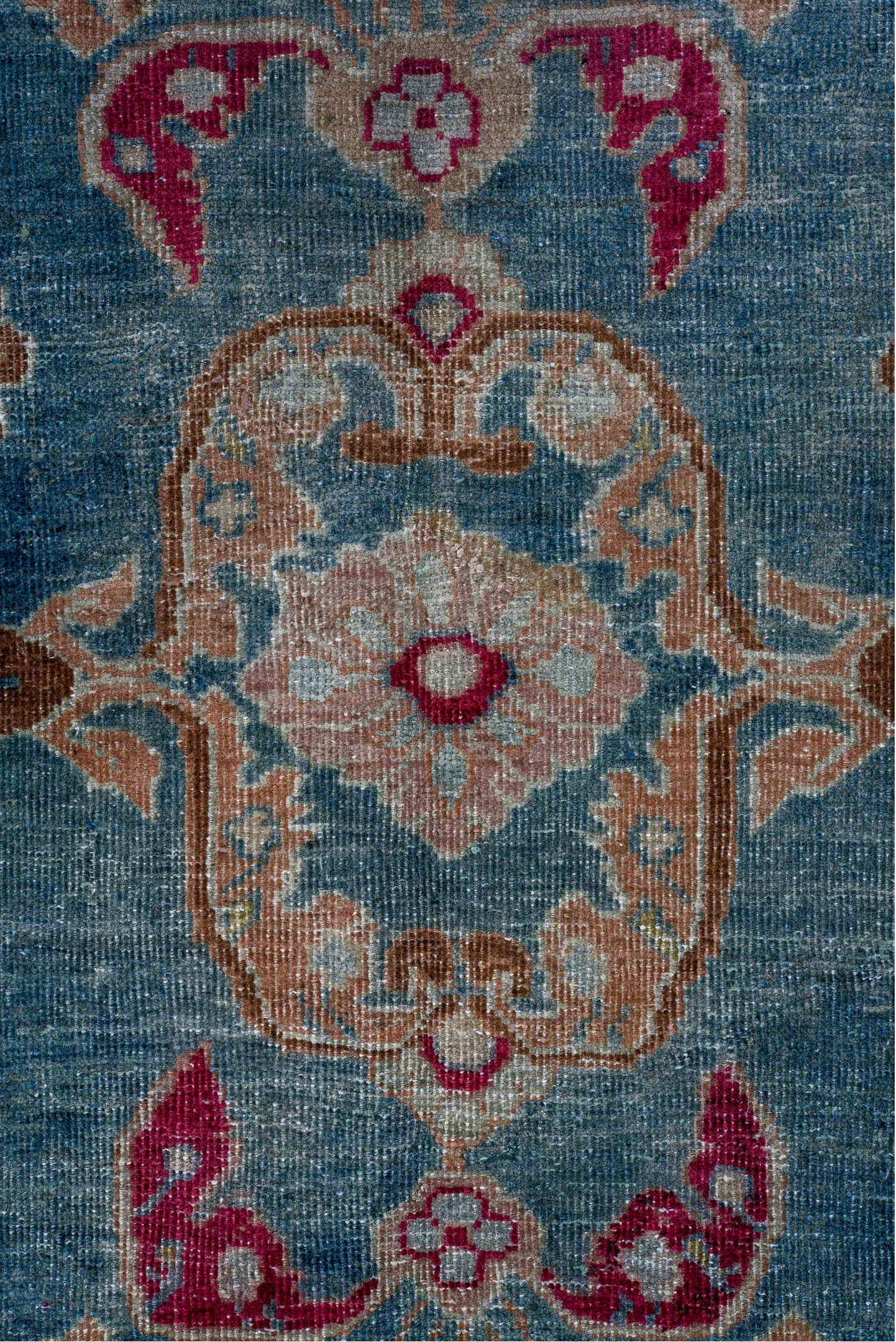 8' x 12' one-of-a-kind handmade vintage Mahal large size rug. Color palette: blue, brown, fiord, gray, pink, red
