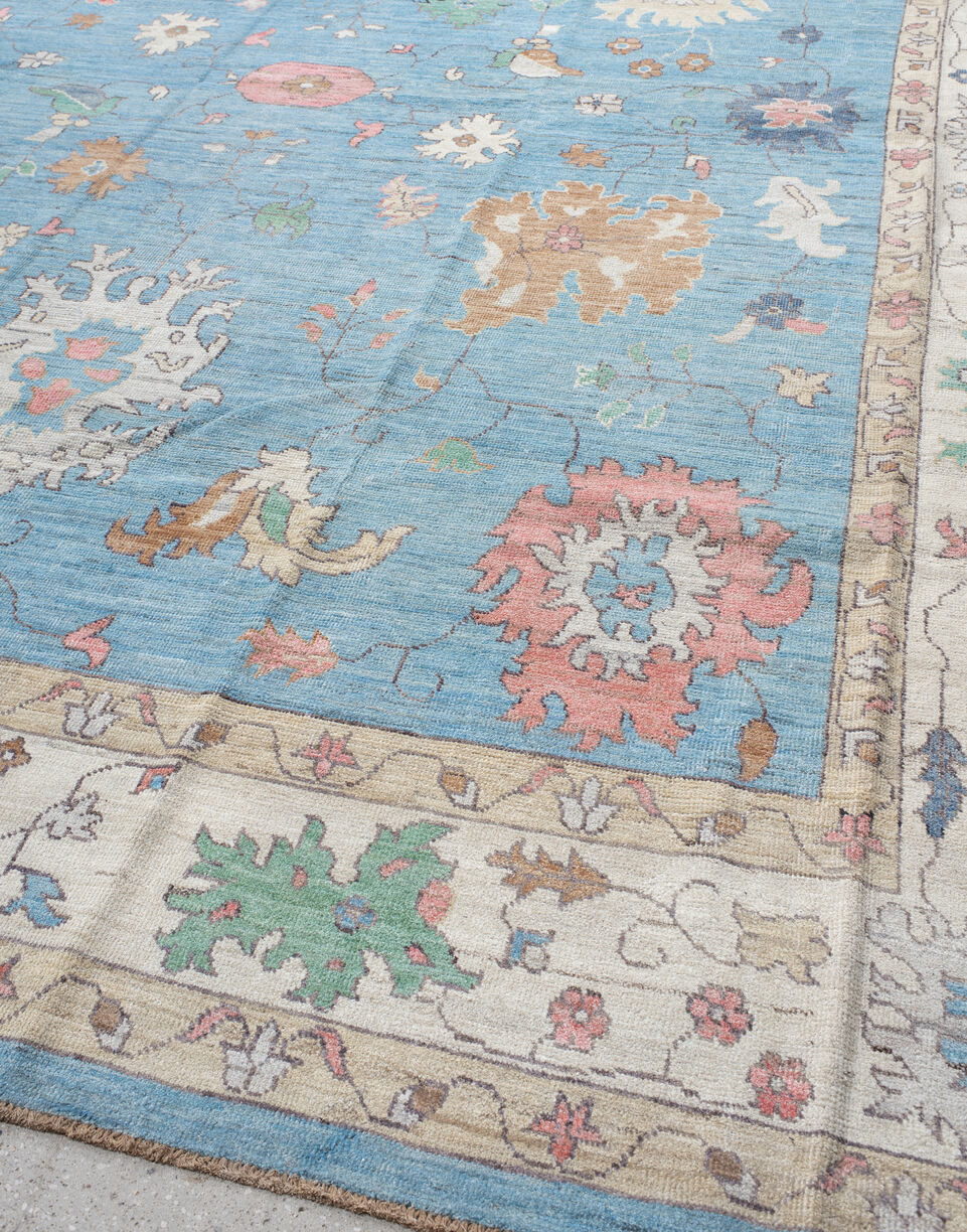 12' x 15' one-of-a-kind handmade vintage Oushak oversize rug. Color palette: blue, brown, dark gray, gainsboro, gray