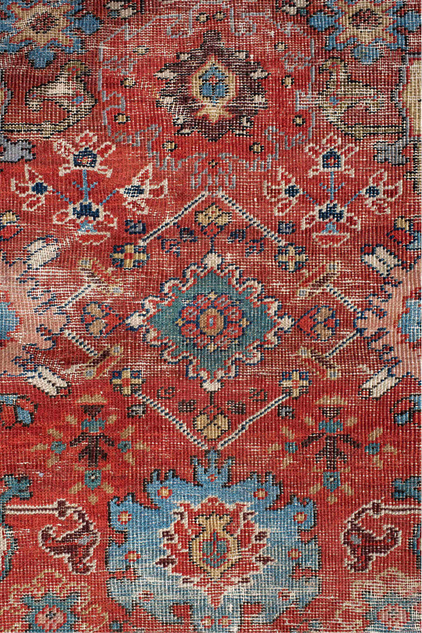 12' x 17' one-of-a-kind handmade vintage Sultanabad oversize rug. Color palette: blue, brown, gray, light gray, off-white