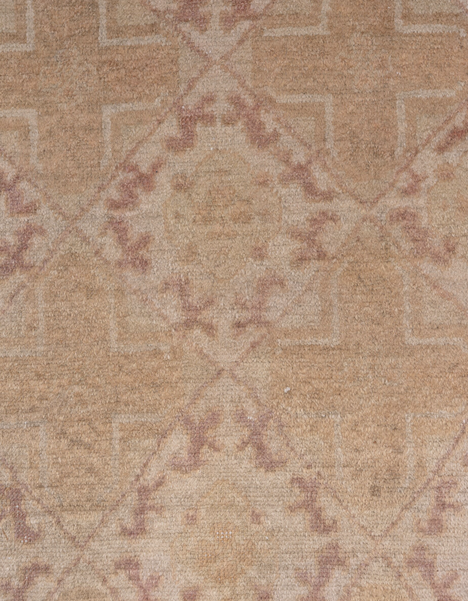 4' x 8' one-of-a-kind handmade vintage Oushak rug. Color palette: brown, gray, light gray, off-white, pink, snow, white