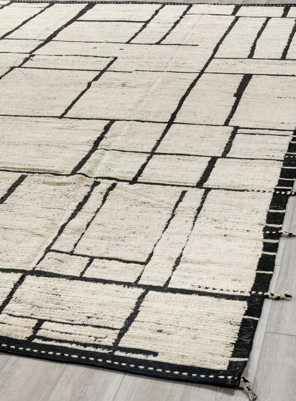 9' x 12' one-of-a-kind handmade vintage Tulu large size rug. Color palette: black, charcoal, dark gray, dim gray, gainsboro