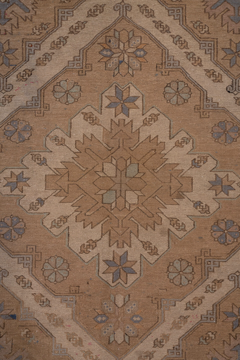 6' x 13' one-of-a-kind handmade vintage Sumak large size rug. Color palette: blue, brown, dim gray, gray, light gray