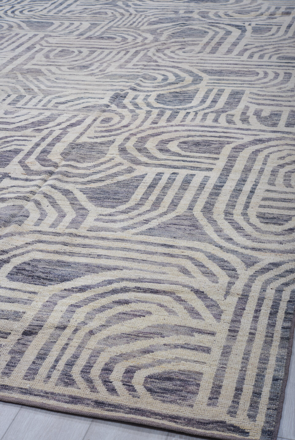 10' x 14' one-of-a-kind handmade vintage Tulu large size rug. Color palette: blue, dark gray, gray, light blue, light gray