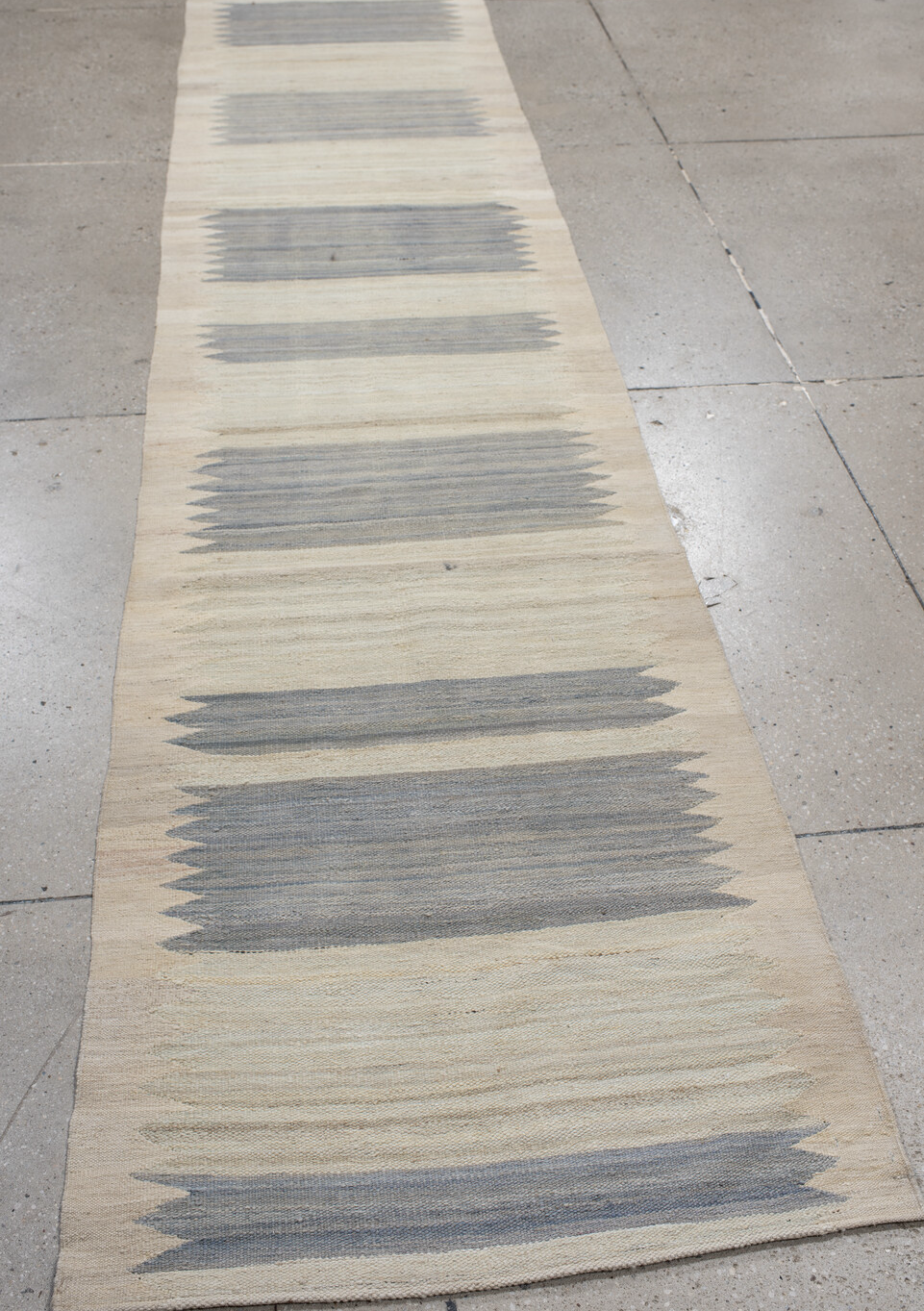 2' x 13' one-of-a-kind handmade vintage Kilim runner rug. Color palette: brown, dark gray, dim gray, gainsboro, gray