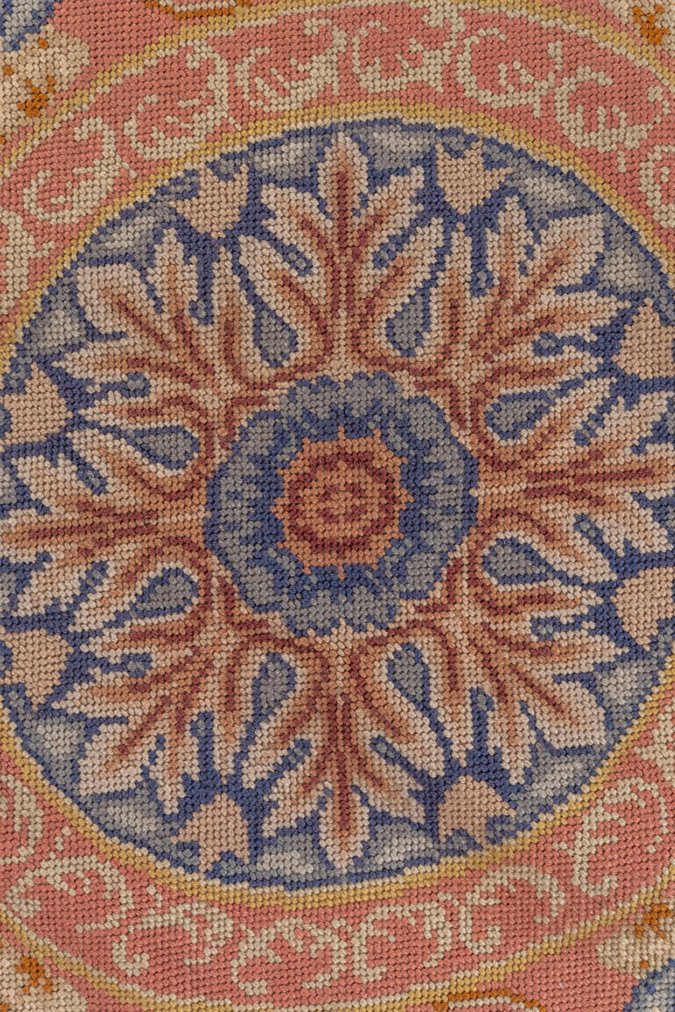 2' x 3' one-of-a-kind handmade vintage Needlepoint small size rug. Color palette: blue, brown, gray, pink, red