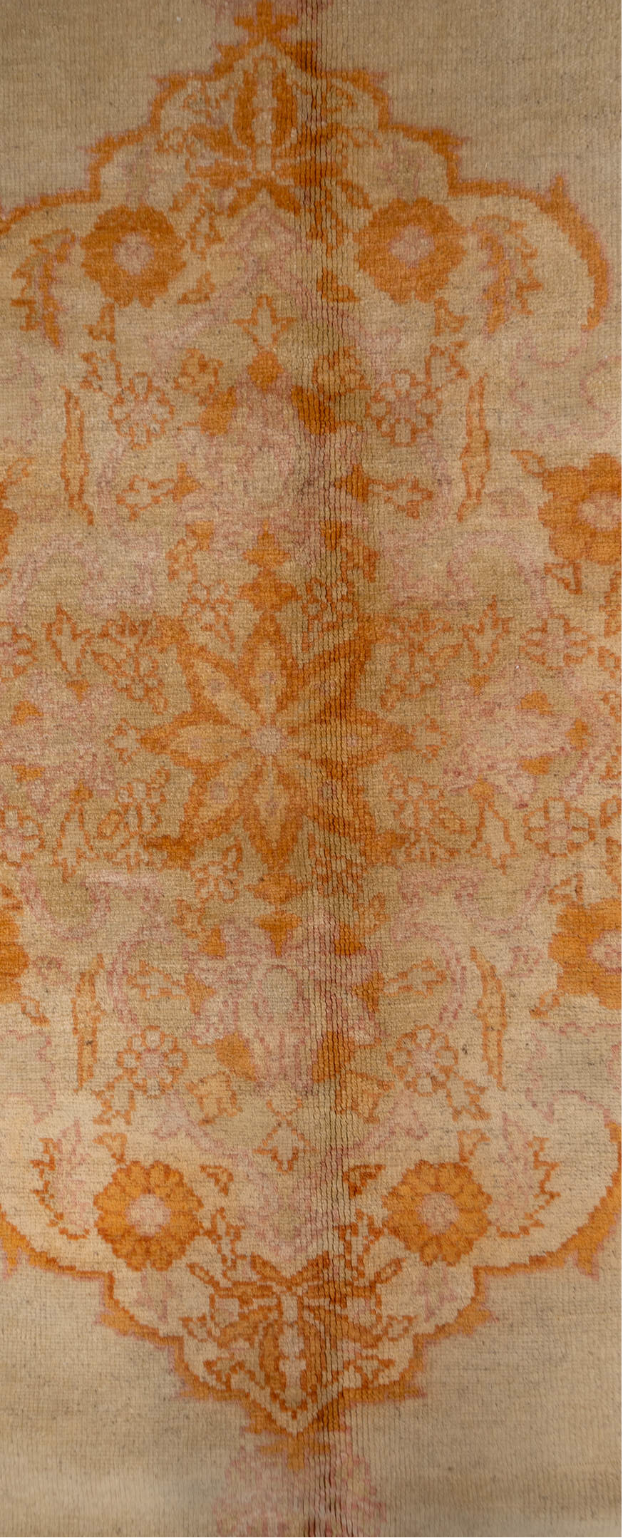 9' x 14' one-of-a-kind handmade vintage Oushak large size rug. Color palette: brown, off-white, orange, peru, saddle brown