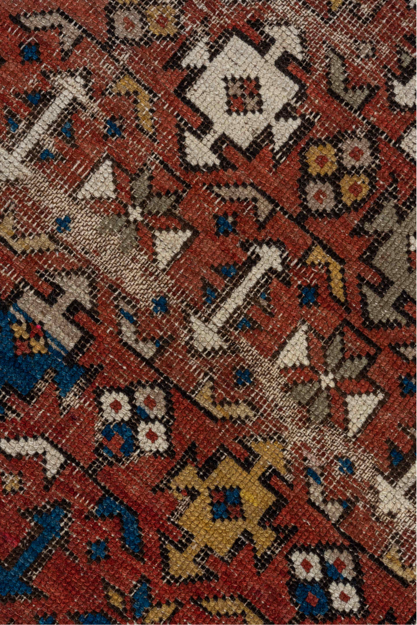 4' x 7' one-of-a-kind handmade vintage Shirvan rug. Color palette: arapawa, blue, brown, gray, light gray, pink, red