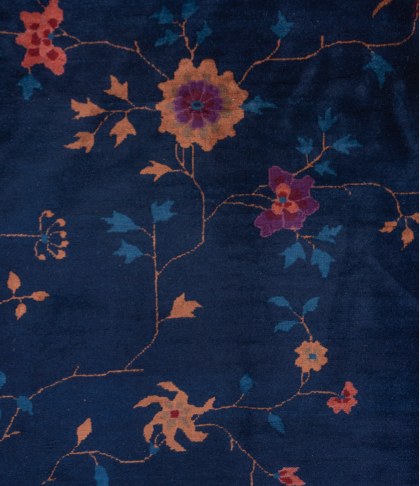 8' x 9' one-of-a-kind handmade vintage Chinese rug. Color palette: blue, brown, gray, light gray, off-white, pink, red, snow