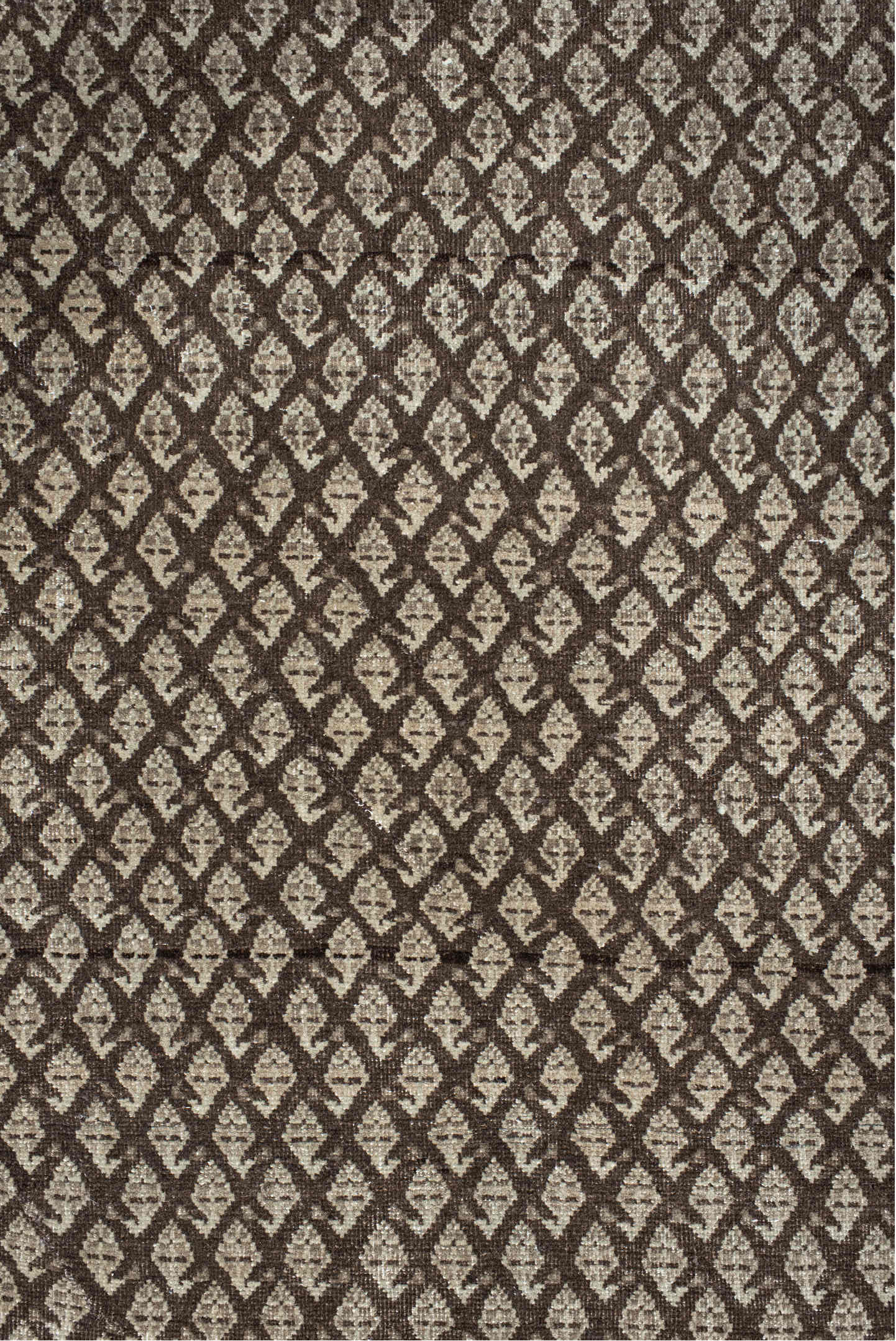 7' x 10' one-of-a-kind handmade vintage Mir large size rug. Color palette: black, brown, gray, light gray, off-white, pink