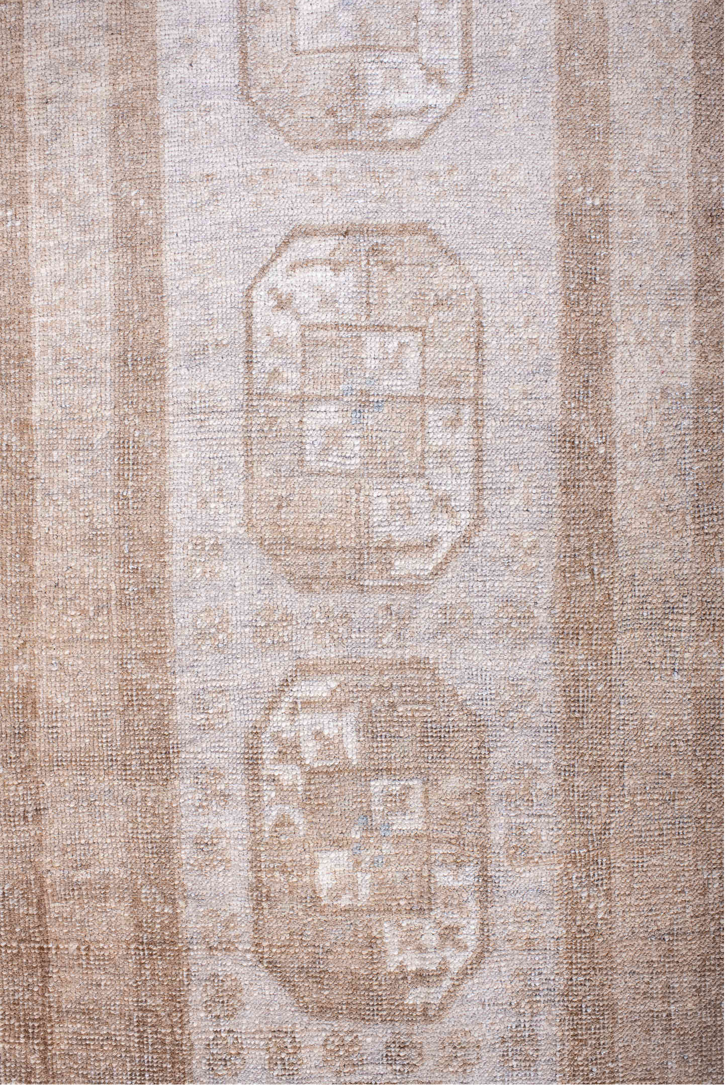 1' x 9' one-of-a-kind handmade vintage Afghan rug. Color palette: brown, dim gray, gainsboro, gray, light gray, off-white