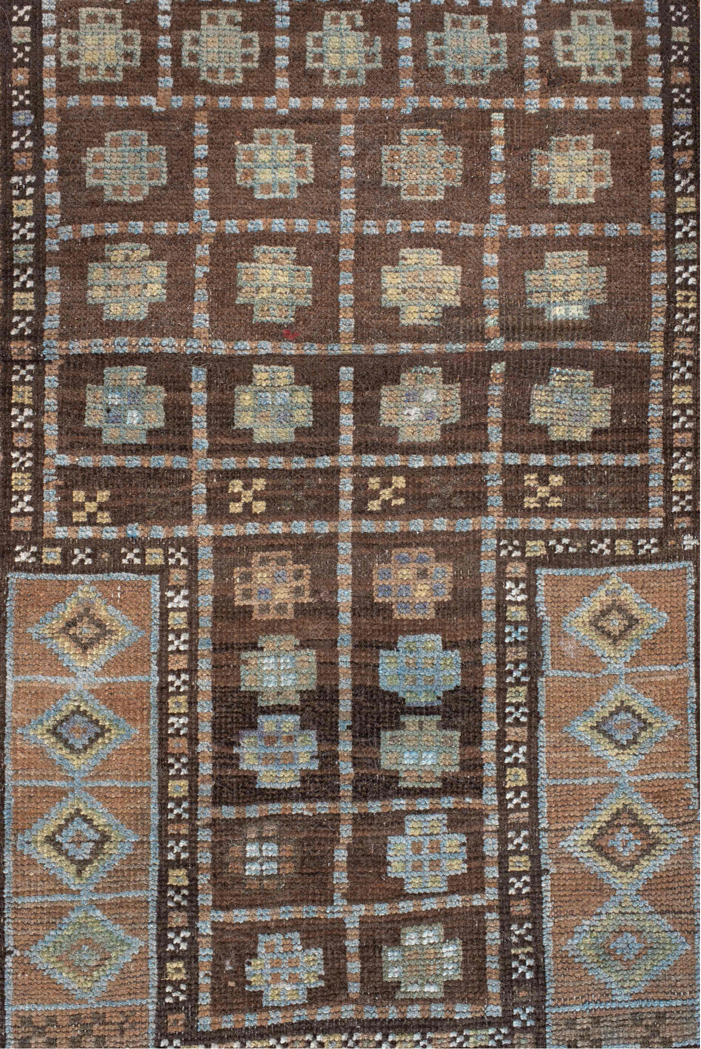 2' x 4' one-of-a-kind handmade vintage Belouch small size rug. Color palette: off-white, gray, light gray, orange, brown