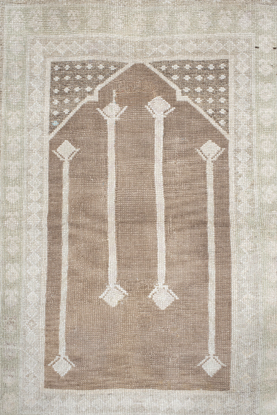 3' x 5' one-of-a-kind handmade vintage Anatol small size rug. Color palette: gray, off-white, light gray, pink, linen