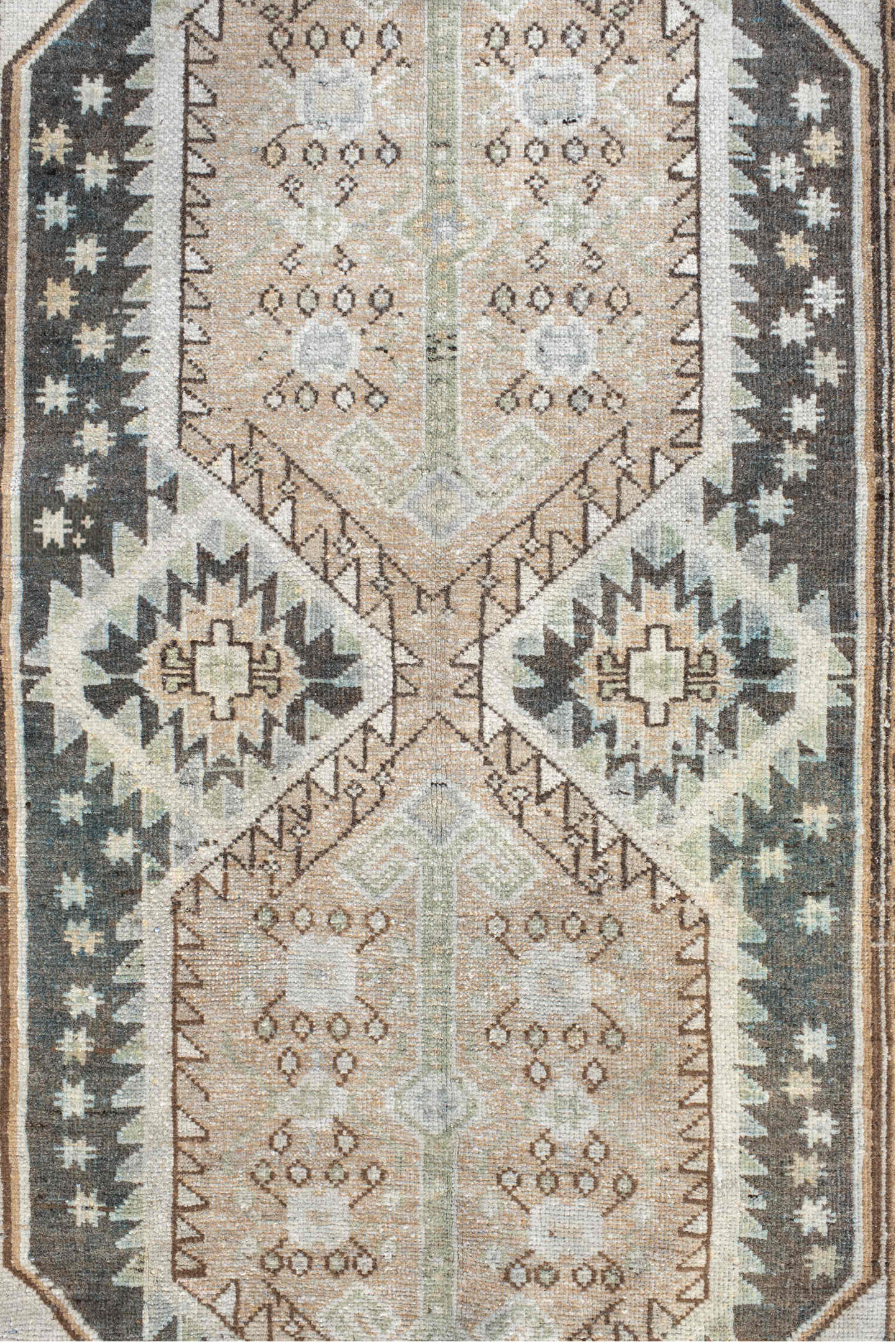 3' x 5' one-of-a-kind handmade vintage Anatol small size rug. Color palette: brown, off-white, gray, orange, black