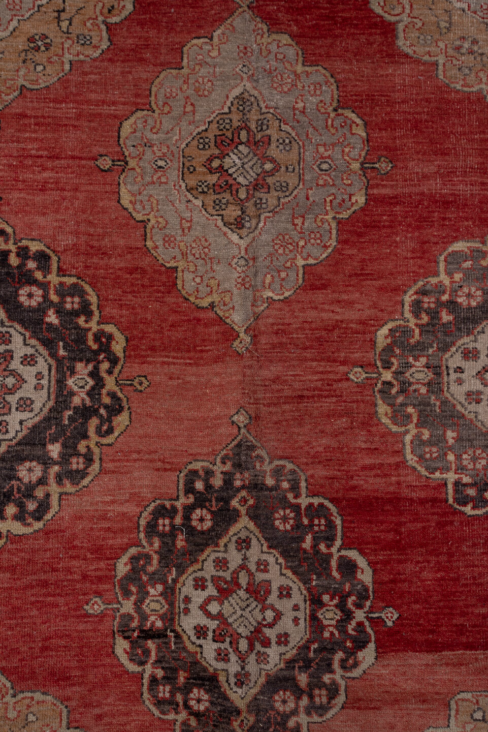 8' x 13' one-of-a-kind handmade vintage Oushak large size rug. Color palette: brown, gray, off-white, pink, red, redwood