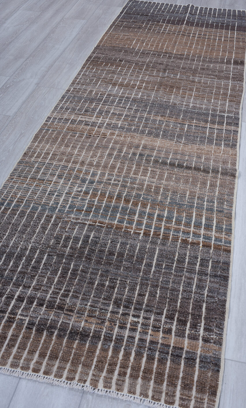 3' x 9' one-of-a-kind handmade vintage Tulu runner rug. Color palette: black, blue, brown, charcoal, dark gray, dim gray