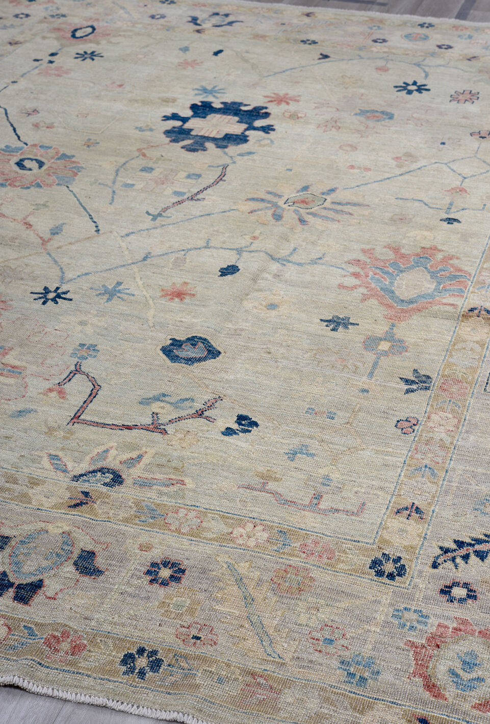 9' x 12' one-of-a-kind handmade vintage Oushak large size rug. Color palette: arapawa, black, blue, brown, dark gray