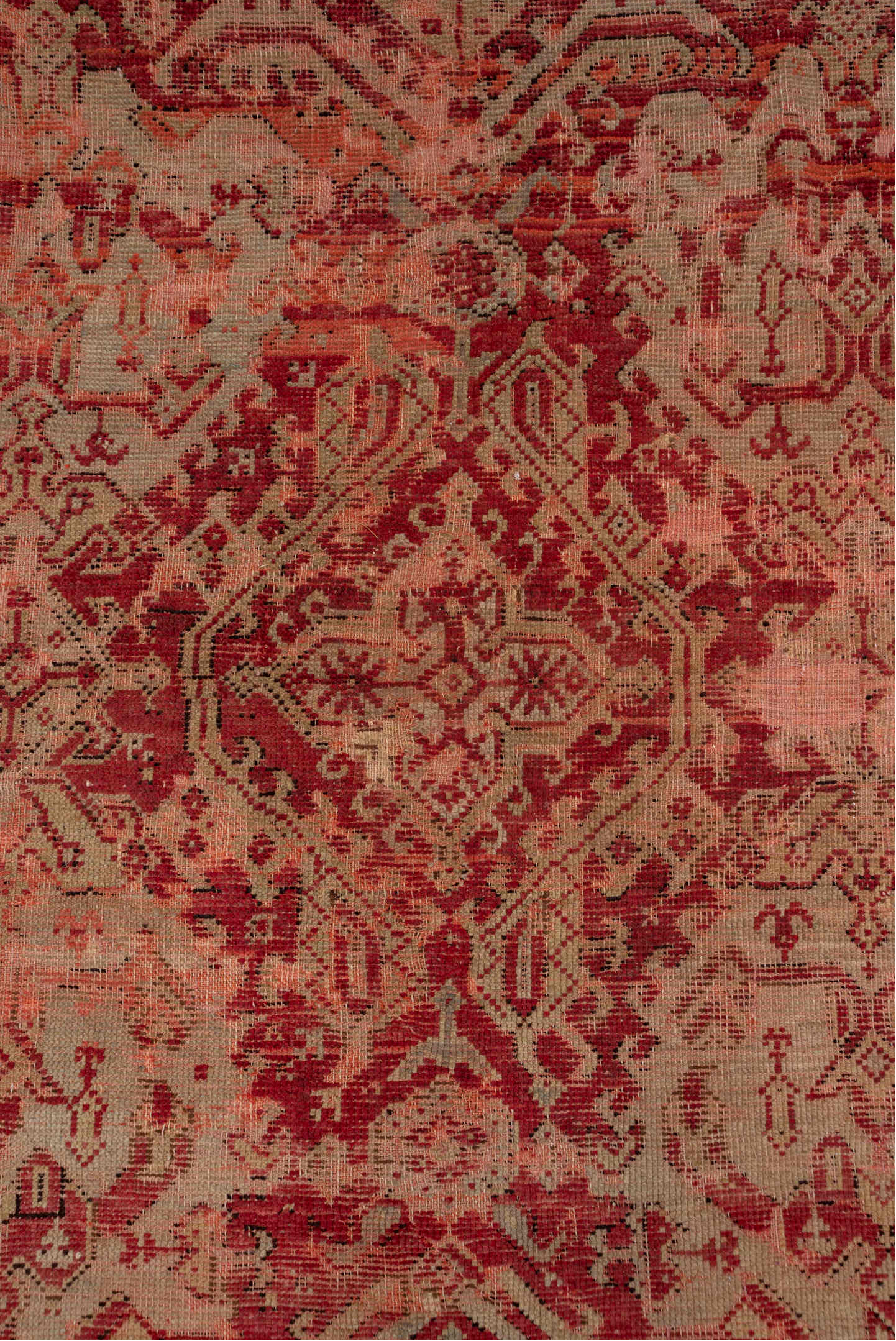 12' x 17' one-of-a-kind handmade vintage Oushak oversize rug. Color palette: brown, pink, red