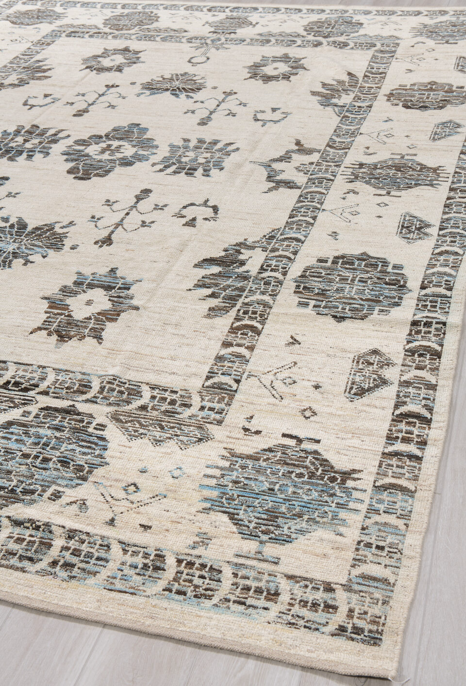 9' x 12' one-of-a-kind handmade vintage Tulu large size rug. Color palette: black, charcoal, dark gray, dim gray, gainsboro