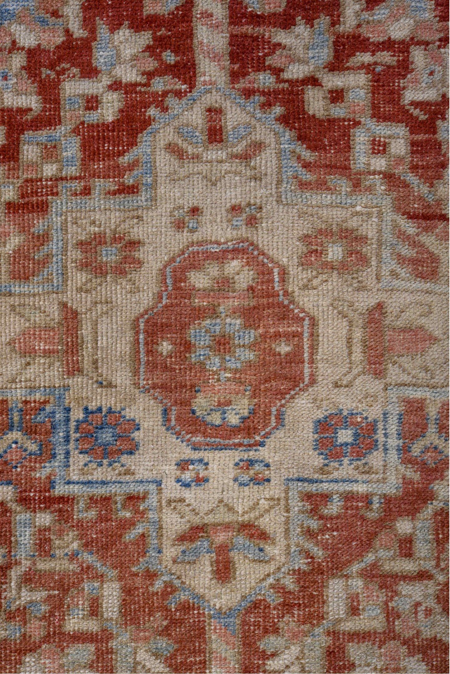 2' x 3' one-of-a-kind handmade vintage Heriz small size rug. Color palette: brown, red, light gray, off-white, gray, blue