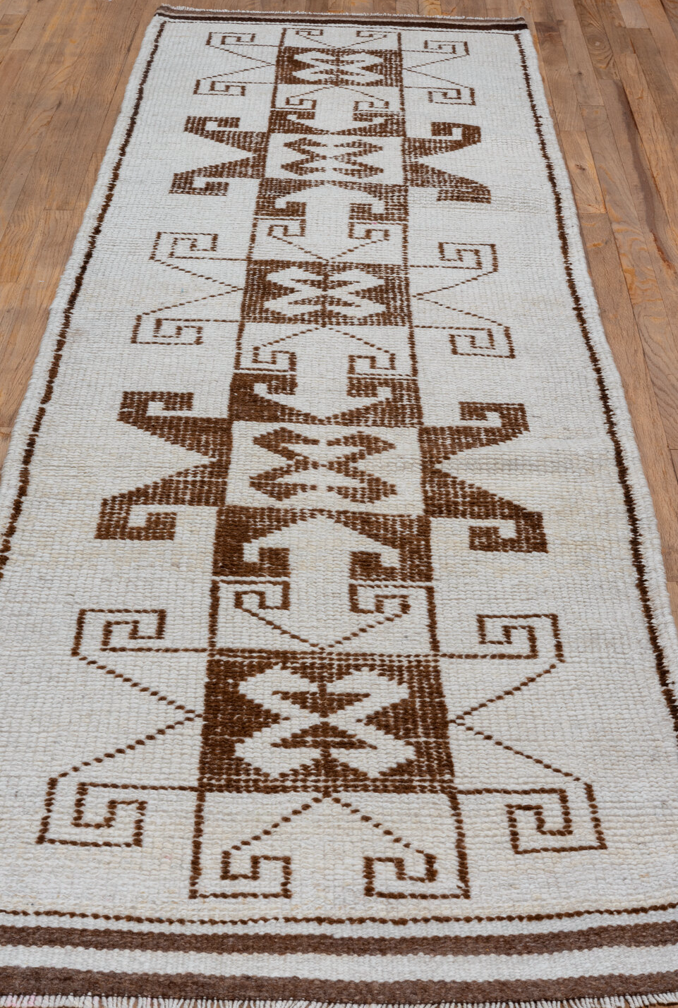 3' x 10' one-of-a-kind handmade vintage Kars runner rug. Color palette: brown, gainsboro, gray, light gray, linen, off-white