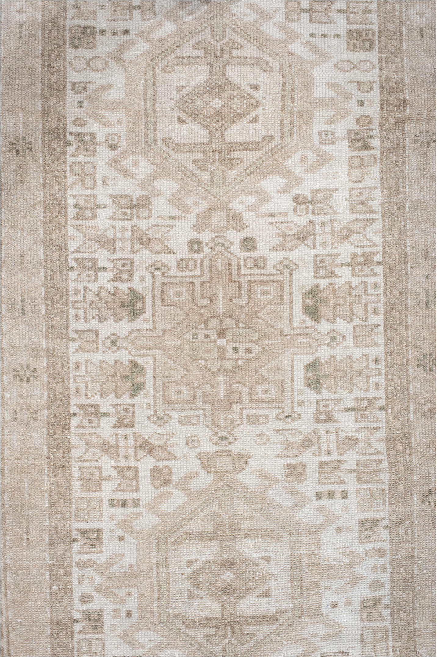 2' x 6' one-of-a-kind handmade vintage Karaje runner rug. Color palette: off-white, gray, light gray, pink, gainsboro, linen