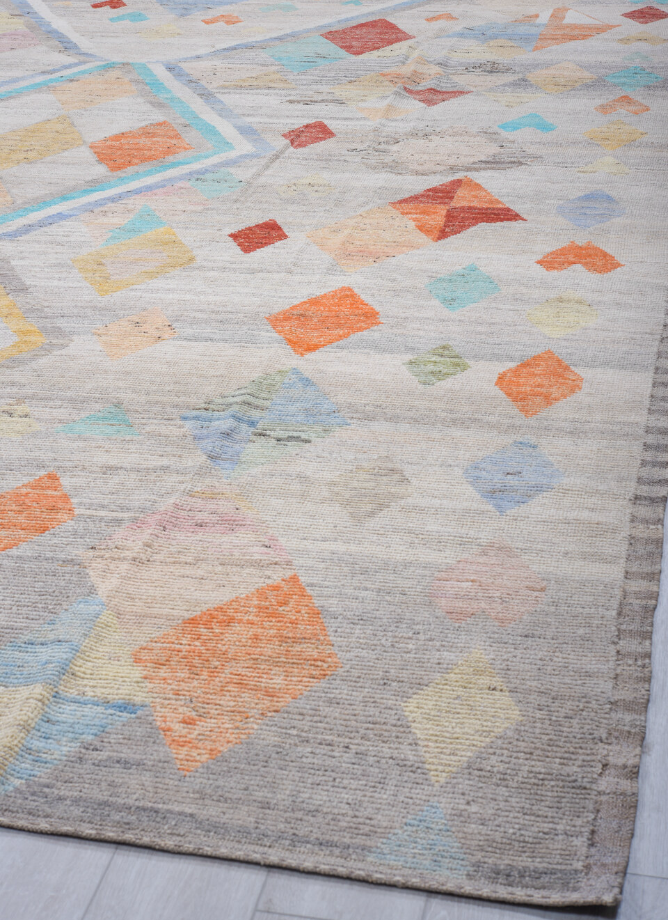 9' x 12' one-of-a-kind handmade vintage Tulu large size rug. Color palette: black, brown, gainsboro, gray, light blue