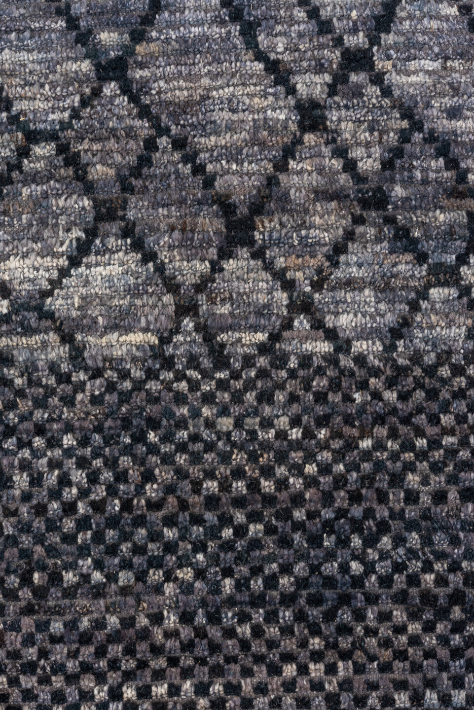 12' x 15' one-of-a-kind handmade vintage Tulu oversize rug. Color palette: black, blue, charcoal, dark gray, dim gray, gray