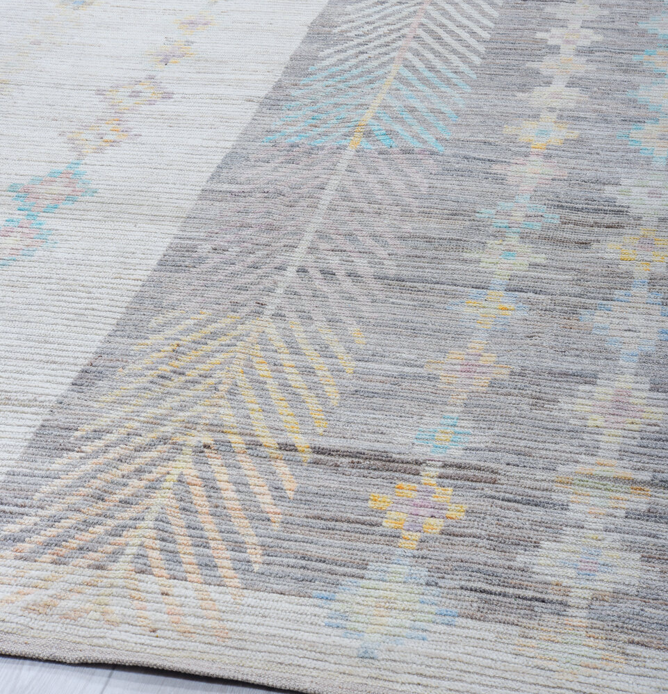 13' x 17' one-of-a-kind handmade vintage Tulu oversize rug. Color palette: blue, brown, dark gray, gainsboro, gray