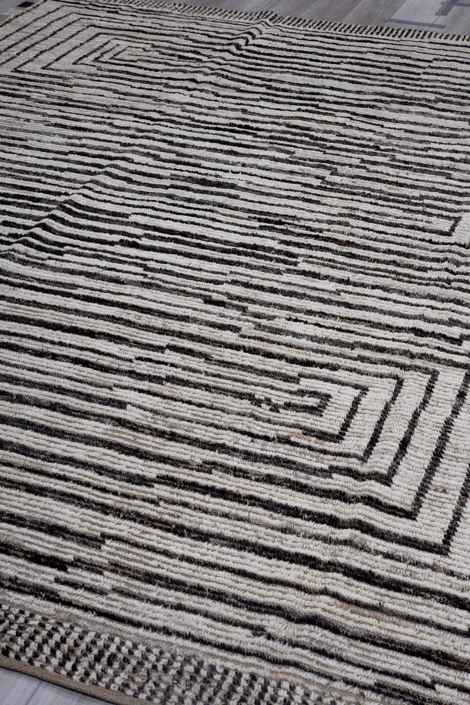 9' x 11' one-of-a-kind handmade vintage Tulu large size rug. Color palette: black, charcoal, dark gray, dim gray, gainsboro