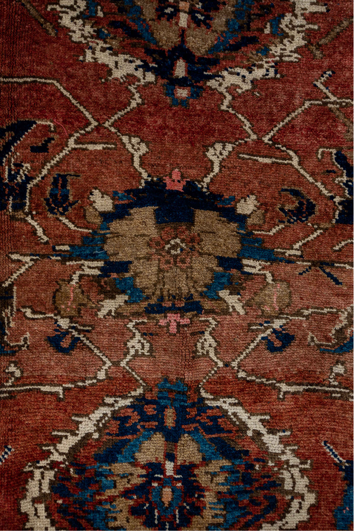 7' x 13' one-of-a-kind handmade vintage Karabagh large size rug. Color palette: blue, brown, gray, pink, red, redwood