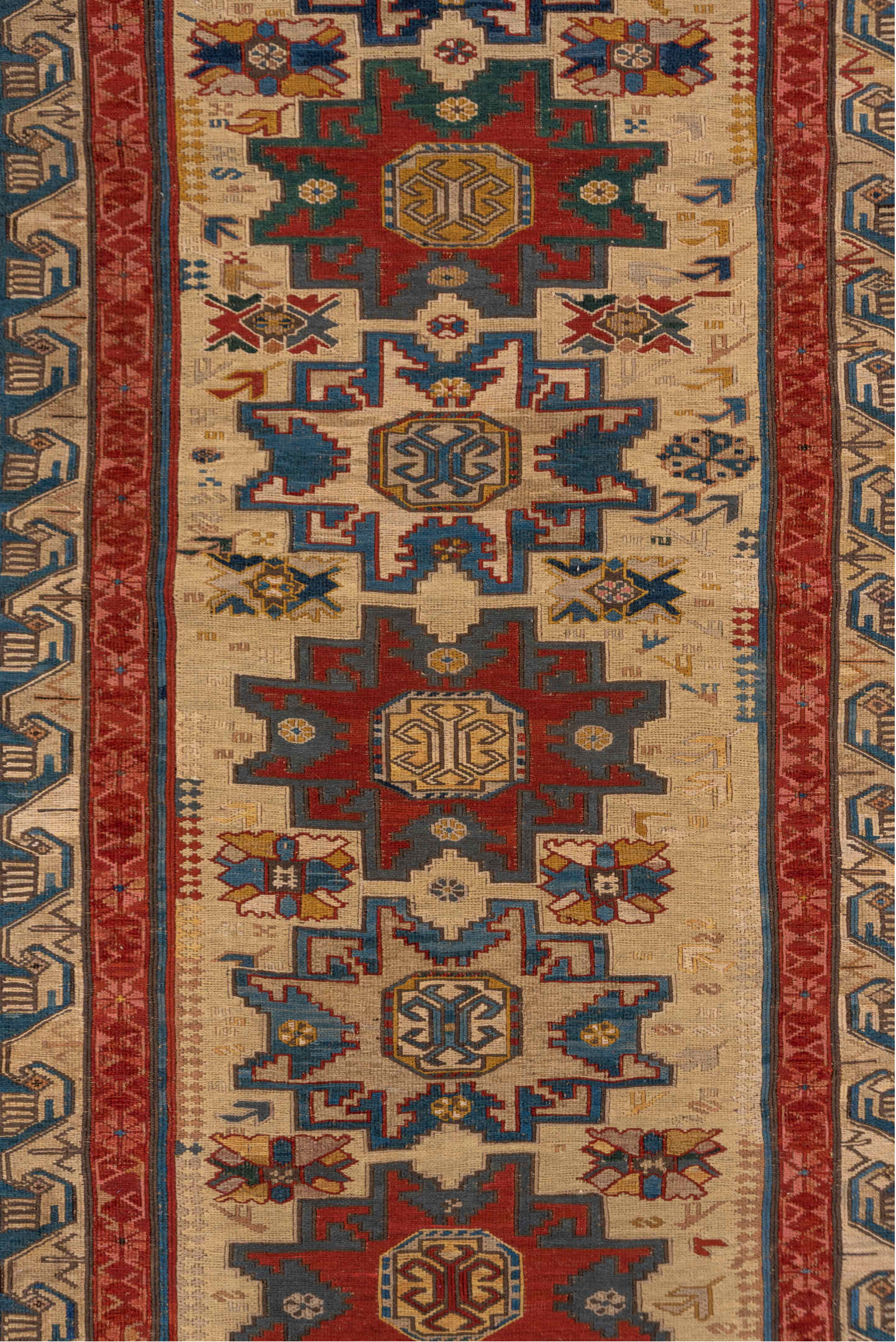 3' x 8' one-of-a-kind handmade vintage Sumak runner rug. Color palette: arapawa, black, blue, brown, charcoal, fiord, gray