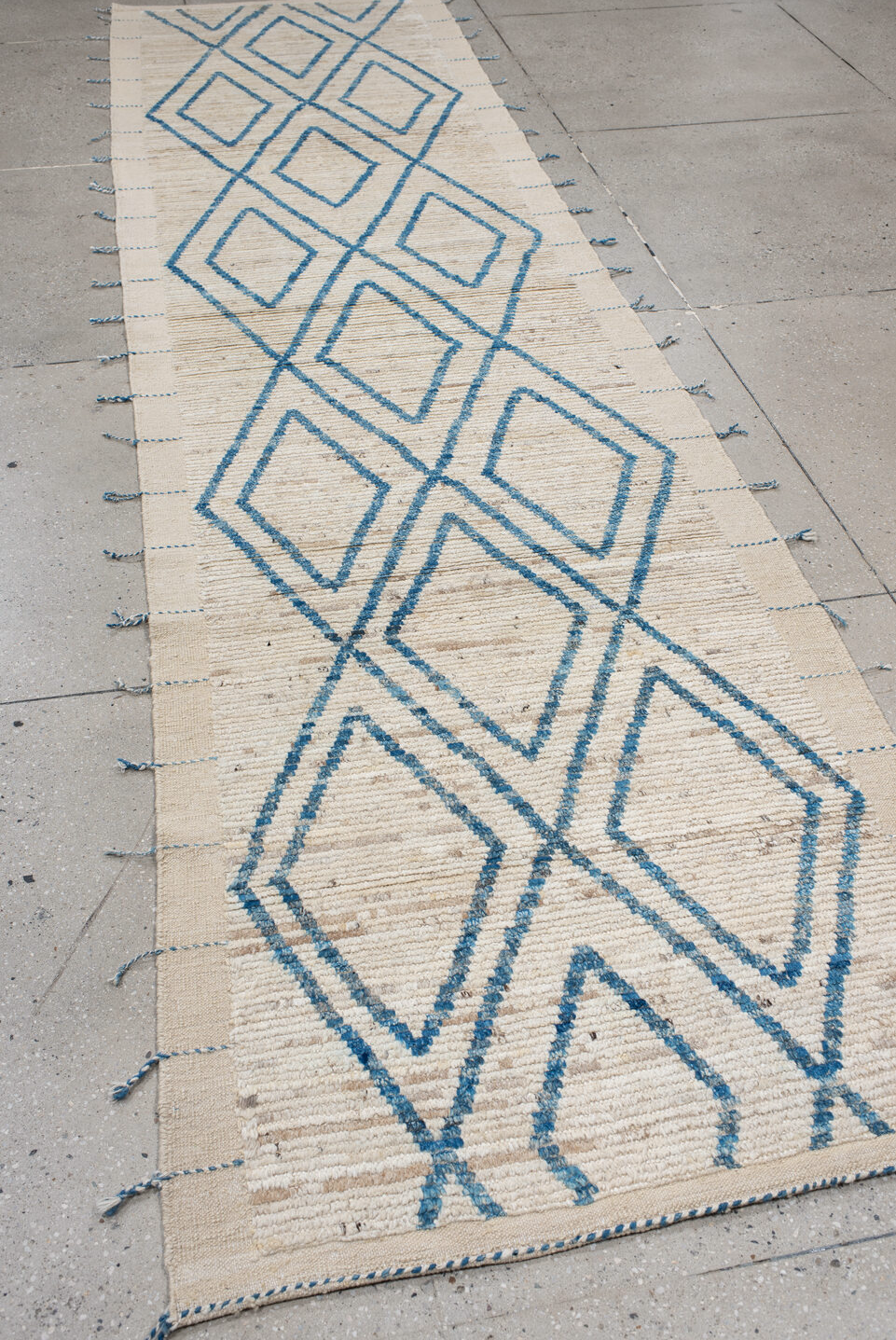 3' x 13' one-of-a-kind handmade vintage Tulu runner rug. Color palette: gray, light gray, blue, off-white, light blue, pink