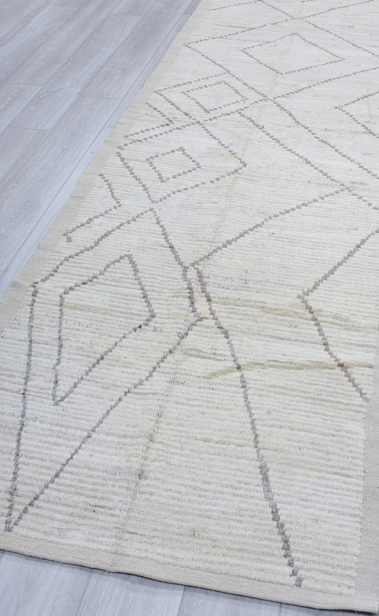 3' x 12' one-of-a-kind handmade vintage Tulu runner rug. Color palette: gray, off-white, light gray, silver, gainsboro