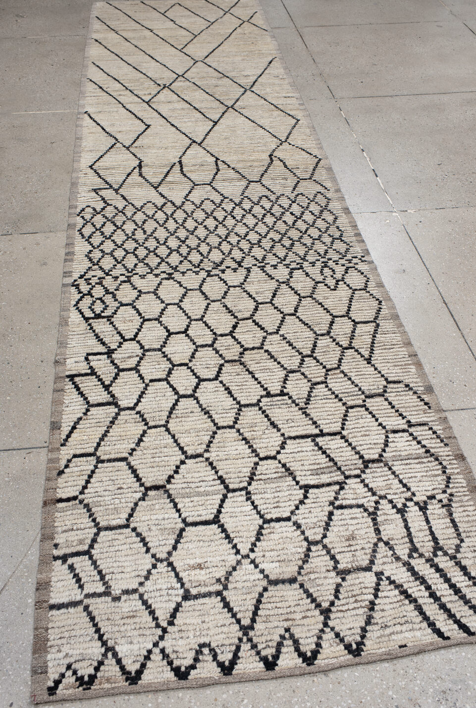 3' x 13' one-of-a-kind handmade vintage Tulu runner rug. Color palette: gray, off-white, black, light gray, pink, charcoal